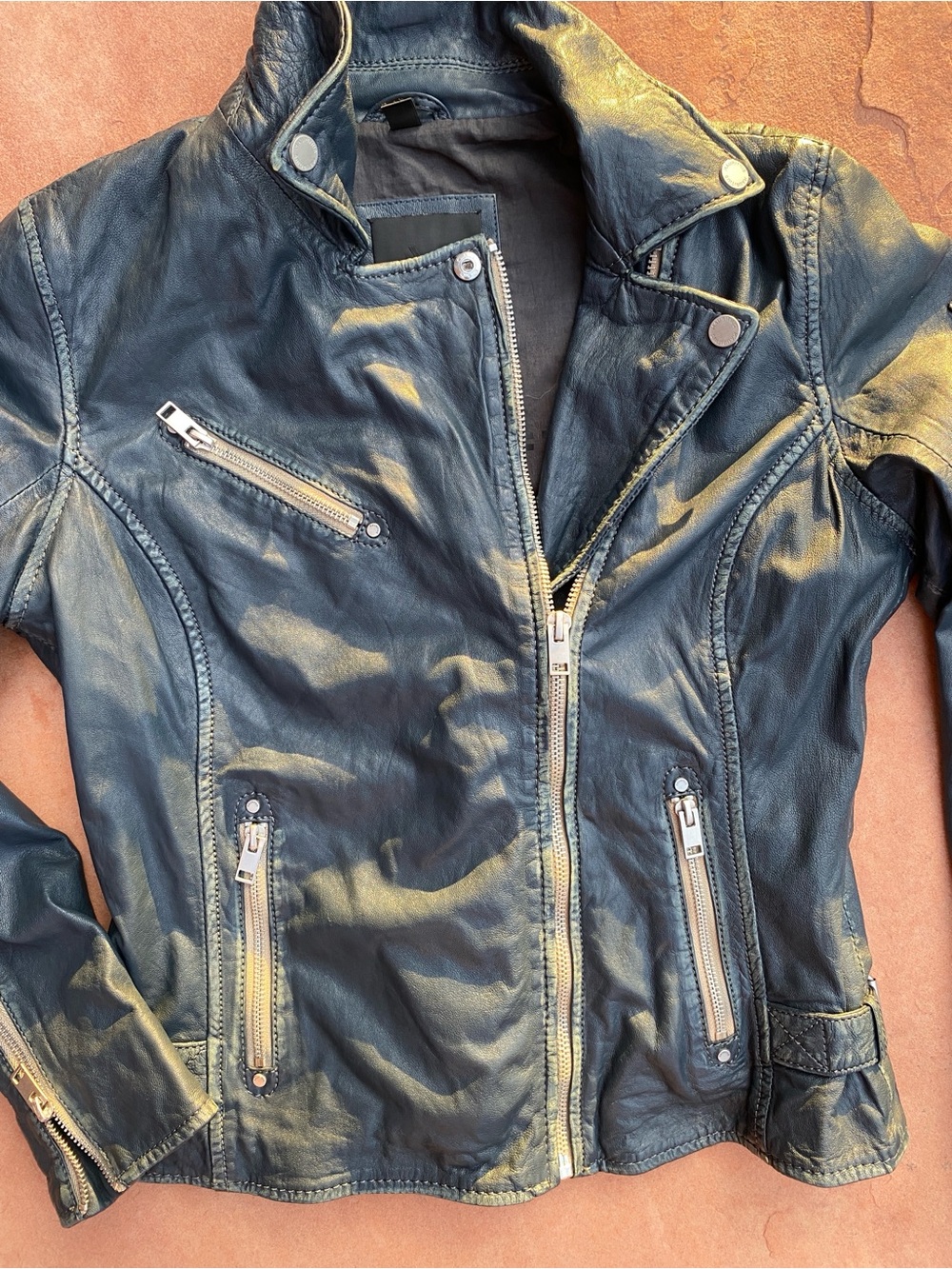 Mauritius Blue Black Leather Moto Jacket Sofia 4RF - Picture 4 of 16